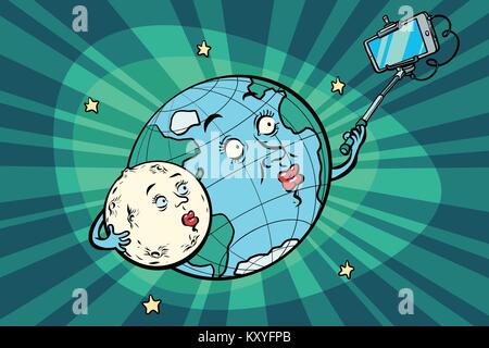 planet Earth and Moon couple taking selfie on phone. Comic book cartoon pop art retro drawing illustration Stock Vector