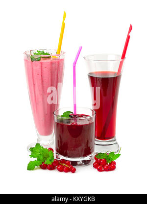 Juices and smoothies made of raspberry, currant, blueberry isolated on white background. Healthy drinks and berries. Stock Photo