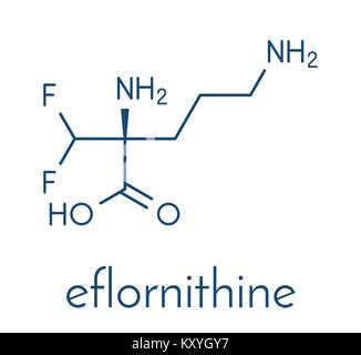 Eflornithine drug molecule. Used to treat facial hirsutism (excessive hair growth) and African trypanosomiasis (sleeping sickness). Skeletal formula. Stock Vector