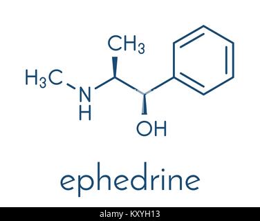 Ephedrine stimulant drug molecule. Alkaloid found in Ephedra plants. Used as stimulant, appetite suppressant, decongestant, etc. Skeletal formula. Stock Vector