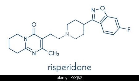 Risperidone antipsychotic drug molecule. Used in treatment of schizophrenia, bipolar disorder and related conditions. Skeletal formula. Stock Vector