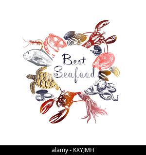 Set of hand drawn sketch style seafood. Vector illustration isolated on white background. Stock Vector