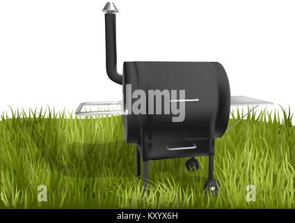 smoker barbecue and  green grass on white background Stock Vector