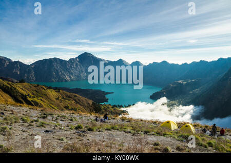 Volcano crater of Mount Rinjani. The mountain is in the Regency of North Lombok, West Nusa Tenggara and rises to 3,726m Stock Photo