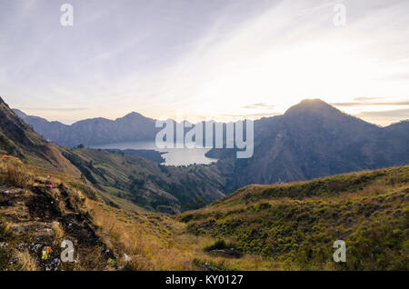 Volcano crater of Mount Rinjani. The mountain is in the Regency of North Lombok, West Nusa Tenggara and rises to 3,726m Stock Photo