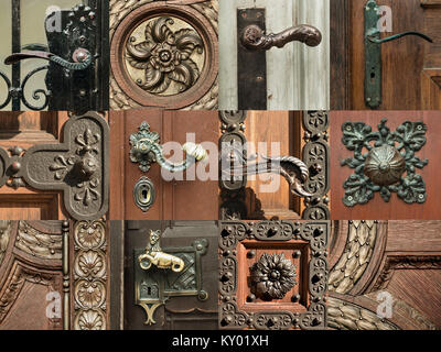 Ornate vintage decorations on old doors in Budapest, set of pictures Stock Photo