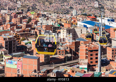 LA PAZ, BOLIVIA - MAY 17, 2015: Mi Teleferico is an aerial cable car urban transit system in the city of La Paz, Bolivia. Stock Photo
