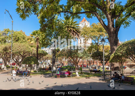SUCRE, BOLIVIA - MAY 22, 2015: Plaza 25 de Mayo square is a main square in Sucre, Bolivia. Stock Photo