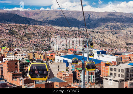 LA PAZ, BOLIVIA - MAY 17, 2015: Mi Teleferico is an aerial cable car urban transit system in the city of La Paz, Bolivia. Stock Photo