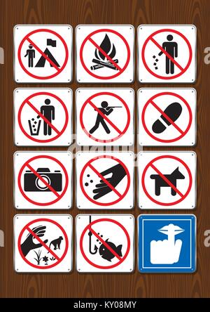 Set of prohibitive icons of not camping, no bonfire, littering, hunting,  stepping, fishing, silence. Icons in blue color on wooden background Stock Vector