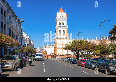SUCRE, BOLIVIA - MAY 22, 2015: Sucre Cathedral (The Metropolitan Cathedral of Sucre) is located on Plaza 25 de Mayo square in Sucre, Bolivia. Stock Photo