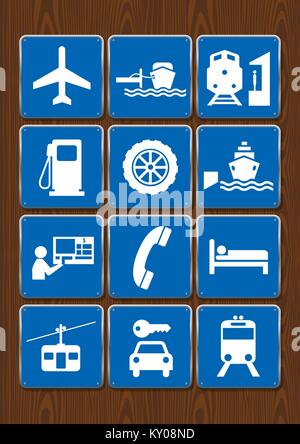 Set icons of airport, gas station, port, train station, cable car, mechanics. Icons in blue color on wooden background Stock Vector