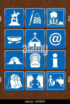 Set icons of monument, crafts, walk, archaeological ruins, church, internet, information, cockfight, bullfight. Icons in blue color on wooden backgrou Stock Vector