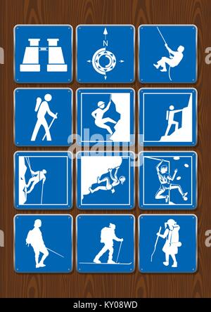 Set of icons of outdoor activities: binoculars, compass, hiking, climbing. Icons in blue color on wooden background. Vector image Stock Vector