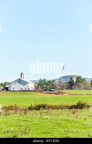 Rural West Virginia farm countryside scenery with Green Bank radio Telescope in autumn, fall building shed Stock Photo