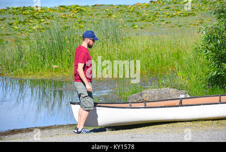 A man standing at the shore of Lake Terrell in Ferndale, Washington while looking at his canoe.  Reeds and marsh in the background. Lake is man made. Stock Photo