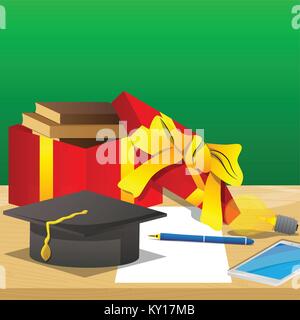 Pen on white paper, smart phone, books in a gift box, graduation cap and light bulb on desk. Education concept. Vector cartoon style illustration. Stock Vector