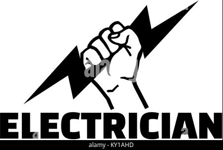 Electrician word with hand with bolt Stock Photo