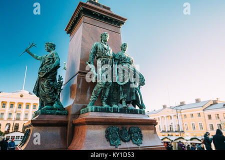 Helsinki, Finland. Details Of Famous Landmark In Finnish Capital Is Monument To Russian Emperor Alexander II In Senate Square Stock Photo