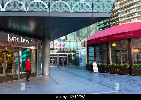 Westfield shopping centre in stratford with John Lewis shop front in the foreground, London, UK Stock Photo