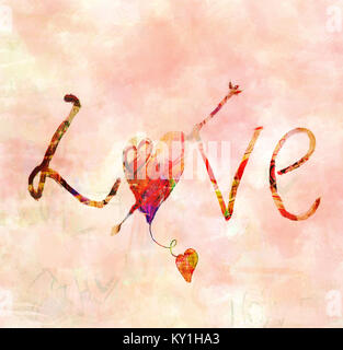 Valentines Day background with love text on grunge wooden red texture Stock Photo