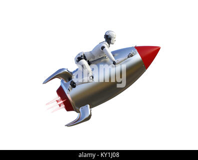 3d rendering robot riding on space shuttle with speed Stock Photo