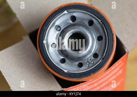 close up shot of new automotive oil filter Stock Photo