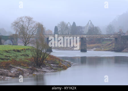 Tintern Abbey and the Wire Bridge, looking down the River Wye, Tintern, Monmouthshire Stock Photo