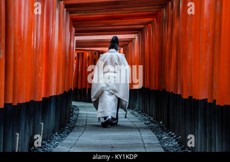 Japanese Priest walking up hill in Kyoto most famous shine, Fushima Inari Shine. The shine possess big amount of torii gate all the way to the peak. Stock Photo