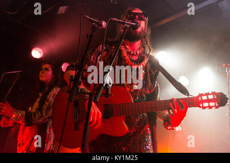 The alternative British dance- and folktronica band Crystal Fighters performs a live concert at John Dee Live Club. Here lead vocalist and musician Sebastian Pringle is pictured live on stage. Norway, 02/12 2013. Stock Photo