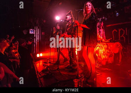 The alternative British dance- and folktronica band Crystal Fighters performs a live concert at John Dee Live Club. Here lead vocalist and musician Sebastian Pringle (C) is pictured live on stage. Norway, 02/12 2013. Stock Photo