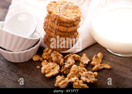 Homemade Chocolate chip cookies, freshly baked on rustic wooden table. Selective Focus. Copy space. Stock Photo
