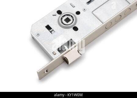 Detail of a mortise lock with cylinder for door, isolated on white background. With ball bearing and three steel bars bolt Stock Photo