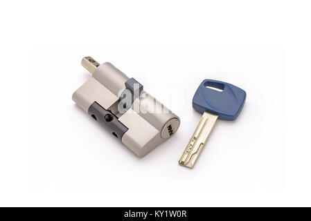 Security lock cylinder with key, for appartment door, isolated on white background Stock Photo