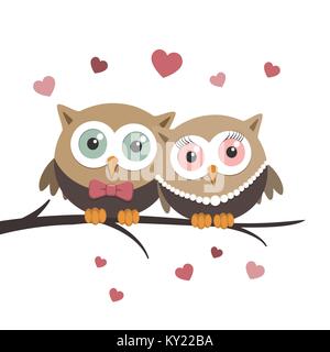 Couple of owls in love on a white background. Vector illustration Stock Vector