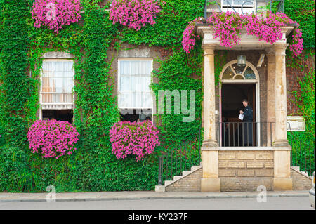 Bury St Edmunds Angel Hill, view in summer of the colourful vine-clad exterior of the Angel Hotel on Angel Hill in central Bury St Edmunds, Suffolk,UK Stock Photo