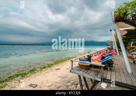 Beautiful beach at Gili Trawangan, or simply Gili T, is the largest of the three Gili Islands off Lombok. The island is one of the diving paradise. Stock Photo