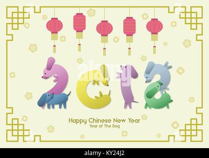 Happy Chinese New Year, Year of the Dog, colorful funny sausage Dachshund dogs group pose like number 2018 with hanging red lanterns, gold Asian flowe Stock Vector