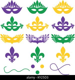 Mardi gras. Set of objects isolated on a white background - masks, beads, confetti, fleur de lis. Shrove Tuesday, Fat Tuesday Stock Vector