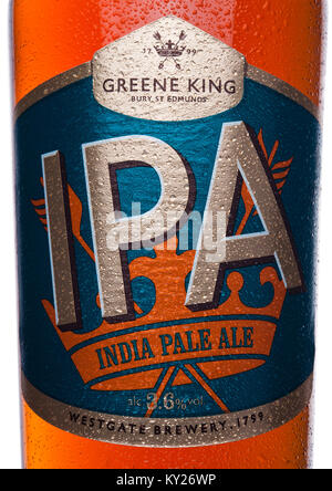 LONDON, UK - JANUARY 02, 2018: Bottle label of IPA greene king india pale ale beer on white background.