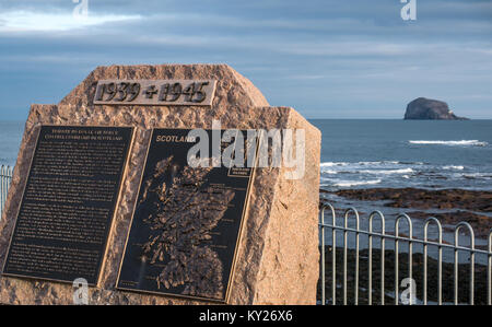 Monument tribute to Royal Air Force Coastal Command in Scotland, North Berwick, East Lothian, Scotland, UK, with Bass Rock on horizon Stock Photo