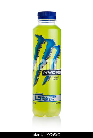 LONDON, UK - JANUARY 02, 2018: Plastic bottle of Monster Hydro Energy Glucose powered Drink on white background. Stock Photo