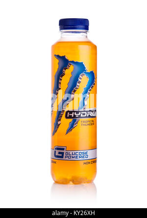 LONDON, UK - JANUARY 02, 2018: Plastic bottle of Monster Hydro Energy Glucose powered Drink on white background. Stock Photo