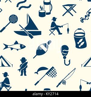 Digital vector seamless pattern fishing activity set collection decoration objects color simple flat icon with holding net or rod, isolated Stock Vector