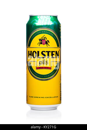LONDON, UK - JANUARY 02, 2018: Aluminium can of Holsten pils beer on white background.Brewing company founded in 1879 in what is now Hamburg's Altona- Stock Photo