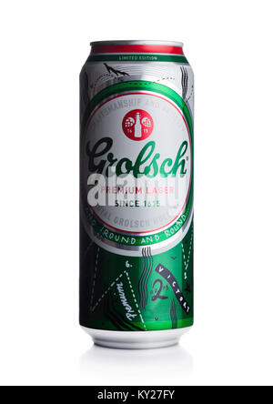 LONDON, UK - JANUARY 20, 2018: Aluminium can of Grolsch Premium Lager beer on black background with dew. Stock Photo