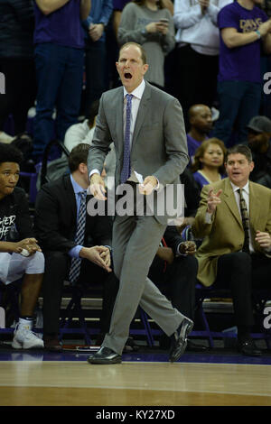 Seattle, WA, USA. 11th Jan, 2018. UW Head Coach Mike Hopkins show his intensity during a PAC12 basketball game between the Washington Huskies and Cal Bears. The game was played at Hec Ed Pavilion in Seattle, WA. Jeff Halstead/CSM/Alamy Live News Stock Photo