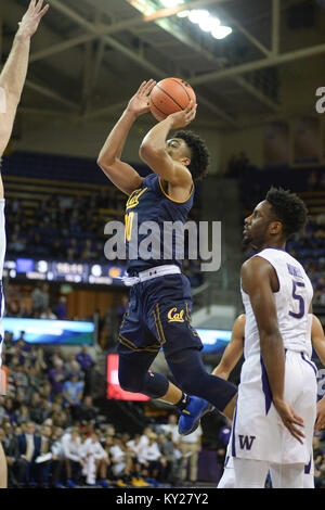 Seattle, WA, USA. 11th Jan, 2018. Cal guard Justice Sueing (10) puts up a shot during a PAC12 basketball game between the Washington Huskies and Cal Bears. The game was played at Hec Ed Pavilion in Seattle, WA. Jeff Halstead/CSM/Alamy Live News Stock Photo