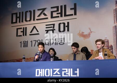 Seoul, Korea. 11th Jan, 2018. Dylan O'Brien, Thomas Brodie-Sangster and Ki Hong Lee etc. attend the production conference of The Death Cure in Seoul, Korea on 11th January, 2018.(China and Korea Rights Out) Credit: TopPhoto/Alamy Live News Stock Photo