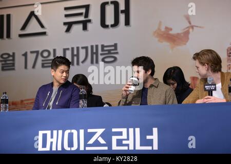 Seoul, Korea. 11th Jan, 2018. Dylan O'Brien, Thomas Brodie-Sangster and Ki Hong Lee etc. attend the production conference of The Death Cure in Seoul, Korea on 11th January, 2018.(China and Korea Rights Out) Credit: TopPhoto/Alamy Live News Stock Photo